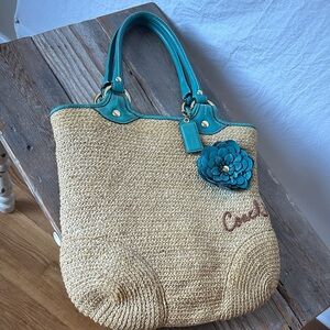 Coach Straw Tote with Teal Leather Trim